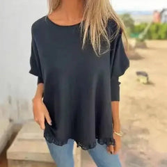 [🔥2 ZUM PREIS VON 1🔥] Giulia™ Oberteil aus hochwertigem, weichem Fleece mit Fledermausärme und Spitzenbesatz am Saum / Eleganter Komfort mit femininer Note! in Schwarz / Grau