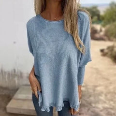 [🔥2 ZUM PREIS VON 1🔥] Giulia™ Oberteil aus hochwertigem, weichem Fleece mit Fledermausärme und Spitzenbesatz am Saum / Eleganter Komfort mit femininer Note! in Blau
