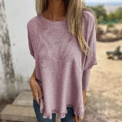 [🔥2 ZUM PREIS VON 1🔥] Giulia™ Oberteil aus hochwertigem, weichem Fleece mit Fledermausärme und Spitzenbesatz am Saum / Eleganter Komfort mit femininer Note! in Pink / Rot