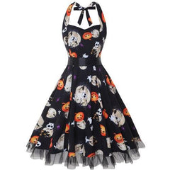 Damen Halloween-Kleid mit Print & Neckholder | Ausgestellt & Midi-Länge in Schwarz