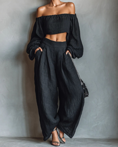 Maike | Strapless-Set aus Leinen-Mix mit weiter Hose in Schwarz