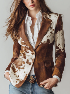 Amelie | Damen Taillierter Retro Kuhmuster Anzugjacke in Braun