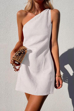 Annika | Damen One-Shoulder Minikleid Ärmellos in Weiß
