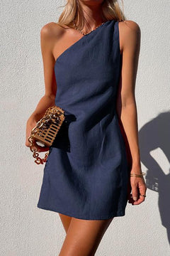 Annika | Damen One-Shoulder Minikleid Ärmellos in Dunkel Blau