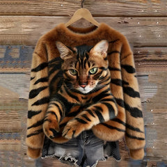 Jules – Weiches Plüsch Sweatshirt Mit Tabby Katzen Und Tiger Muster in Braun