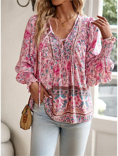 Boho-Blumenhemd zum Schnüren für den Sommer - Xenia in Rosa