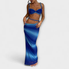 Jane - Elegantes Gradient Zopf Crop Top mit Overskirt Set in Blau