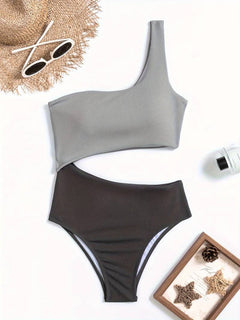 Katrina® | Asymmetrische High-Cut-Badeanzüge in Grau Schwarz