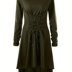 Damen Halloween-Kleid mit Kapuze | Schnürung & Asymmetrischer Saum in Armeegrün