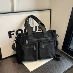 Nora | Cord Tote Bag Damen Schultertasche Mehrfachtaschen Reißverschluss in Schwarz