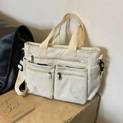 Nora | Cord Tote Bag Damen Schultertasche Mehrfachtaschen Reißverschluss in Beige
