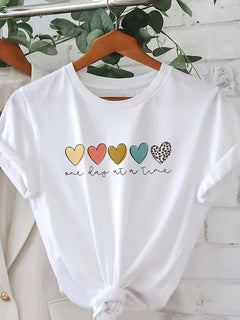 Herz-Print Kurzarm-T-Shirt für Damen in Weiß