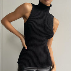 Damen ärmelloser Pullover mit Stehkragen und geradem Saum in Schwarz