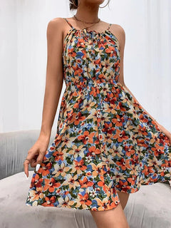 Damen Ärmelloses Blumenkleid mit Spaghettiträgern und gerafftem Dekolleté in Orange mit Blumenmuster