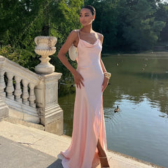Damen Ärmelloses Maxi-Kleid mit Cowl-Ausschnitt und Spaghettiträgern mit Seitenschlitz in Rosa
