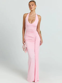Damen Ärmelloses Maxi-Kleid mit tiefem Halter-V-Ausschnitt und Trägern mit Raffungen und offenem Rücken in Rosa