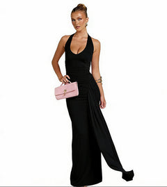 Damen Ärmelloses Maxi-Kleid mit tiefem Halter-V-Ausschnitt und Trägern mit Raffungen und offenem Rücken in Schwarz