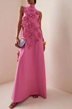 Damen Ärmelloses Maxikleid mit Stehkragen Blumenapplikationen und Nackenschleife in Dunkelrosa