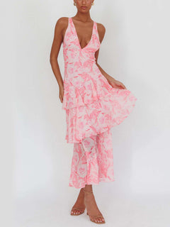 Damen Ärmelloses Maxikleid mit Tiefem V-Dekolleté Rüschenlagen und Gekreuzten Rückenträgern in Rosa