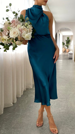 Damen Ärmelloses Midikleid mit Hohem Kragen und Drapierung in Satinoptik in Blau