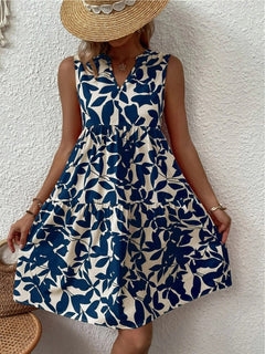 Damen Ärmelloses Stufenkleid mit V-Dekolleté und Blättermuster in Blau