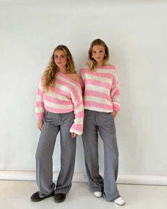 Damen Asymmetrischer Pullover mit strukturierter Oberfläche und langen Ärmeln in Rosa
