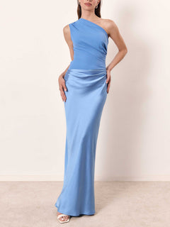 Damen Asymmetrisches Maxikleid mit Einschulterträger und Drapiertem Oberteil und Hüftraffung in Blau