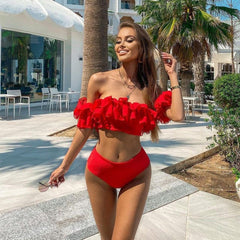 Damen Bademode Zweiteiliger Schulterfreier Bikini mit Rüschenoberteil und Hochtailliertem Unterteil in Rot