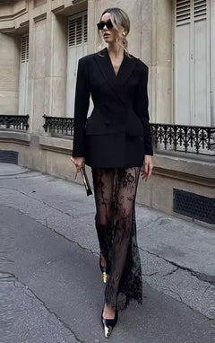 Damen Blazer Rock Set mit Kerbkragen und Doppelreihiger Knopfleiste mit Spitzenrock in Schwarz