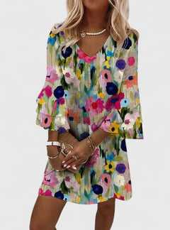 Katharina | Damen Blumenprint V-Ausschnitt Rüschenärmel Minikleid in Mehrfarbig