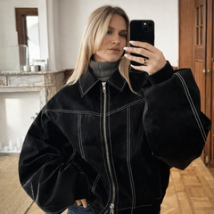 Damen Bomberjacke mit Puffärmeln und Reißverschluss und Ziernähten in Schwarz