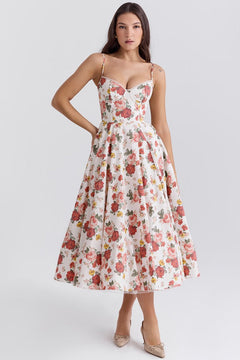 Annika | Damen Cocktailkleid Midi Schwingrock Bügelcup Trägerkleid in Blume