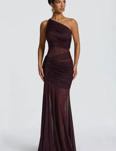 Damen Einschulter Maxikleid mit geraffter Oberfläche und durchsichtigen Einsätzen mit ausgestelltem Saum in Braun
