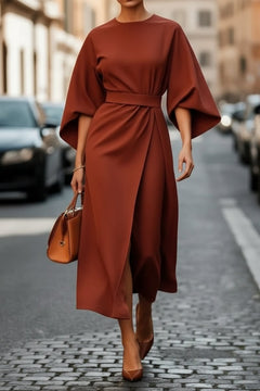 Hannah | Damen Elegantes Cocktailkleid mit Laternenärmeln Taillengürtel Midi in Rust Brown