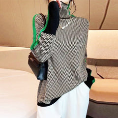 Amelie | Damen Fischgrat-Turtleneck Sweater Rollkragen Oversized Pullover in Grün
