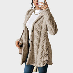 Annika | Damen Flauschiger Kapuzen-Cardigan Oversized Geknöpft in Khaki