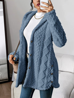 Annika | Damen Flauschiger Kapuzen-Cardigan Oversized Geknöpft in Marineblau