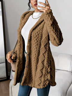 Annika | Damen Flauschiger Kapuzen-Cardigan Oversized Geknöpft in Braun