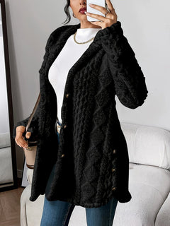Annika | Damen Flauschiger Kapuzen-Cardigan Oversized Geknöpft in Schwarz
