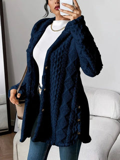 Annika | Damen Flauschiger Kapuzen-Cardigan Oversized Geknöpft in Denim-Blau