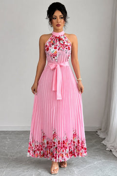 Emilia | Damen Geblümtes Plissee-Neckholder Midi-Kleid in Rosa
