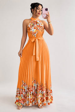 Emilia | Damen Geblümtes Plissee-Neckholder Midi-Kleid in Orange