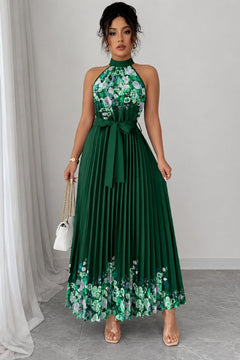 Emilia | Damen Geblümtes Plissee-Neckholder Midi-Kleid in Dunkelgrün