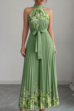 Emilia | Damen Geblümtes Plissee-Neckholder Midi-Kleid in Armeegrünes Unterteil mit gelber Blume
