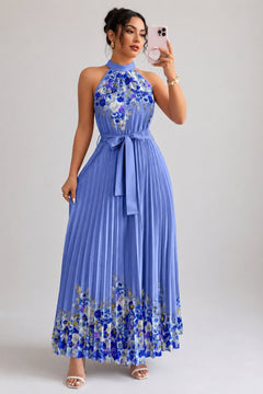 Emilia | Damen Geblümtes Plissee-Neckholder Midi-Kleid in Dunkelblau
