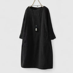 Damen Geripptes Rundhals-Midikleid mit Dreiviertelärmeln und Fronttaschen in Schwarz