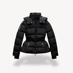 Damen Gesteppte Pufferjacke mit Gürtel Stehkragen Brusttaschen und Reißverschluss in Schwarz