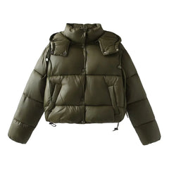 Damen Gesteppte Pufferjacke mit Kapuze Knopfverschluss und Kordelzug am Saum in Armygrün