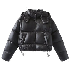 Damen Gesteppte Pufferjacke mit Kapuze Knopfverschluss und Kordelzug am Saum in Schwarz