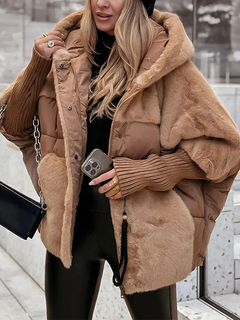 Damen Gesteppte Winterjacke mit Kapuze und Plüscheinsätzen in Braun